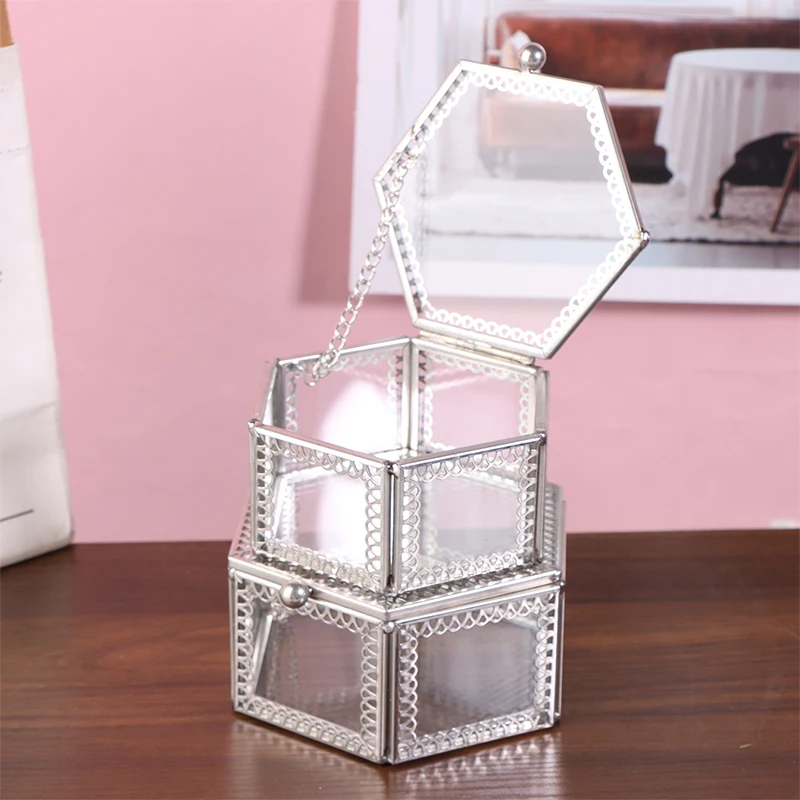 Hexagon Transparent Glass Jewelry Display Box Tabletop Organizer Container For Rings Earrings Beads Coins Jewelry Accessories