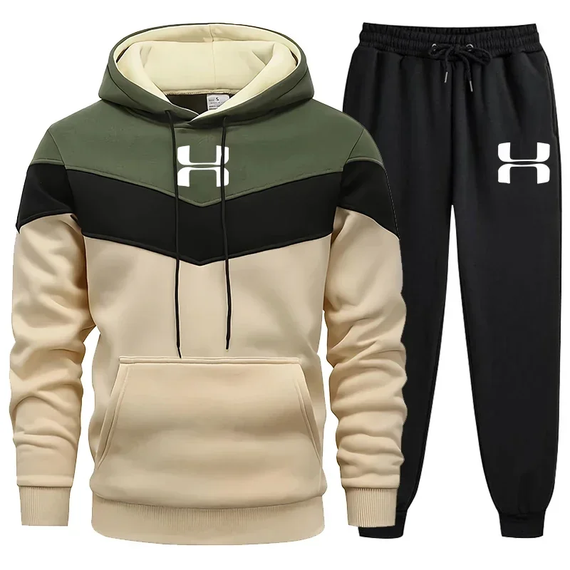 2024 Autumn Winter Warm Mens Tracksuit Print Casual Versatile Tricolor Hooded Sweatshirts High Quality Sports Jogging Clothing