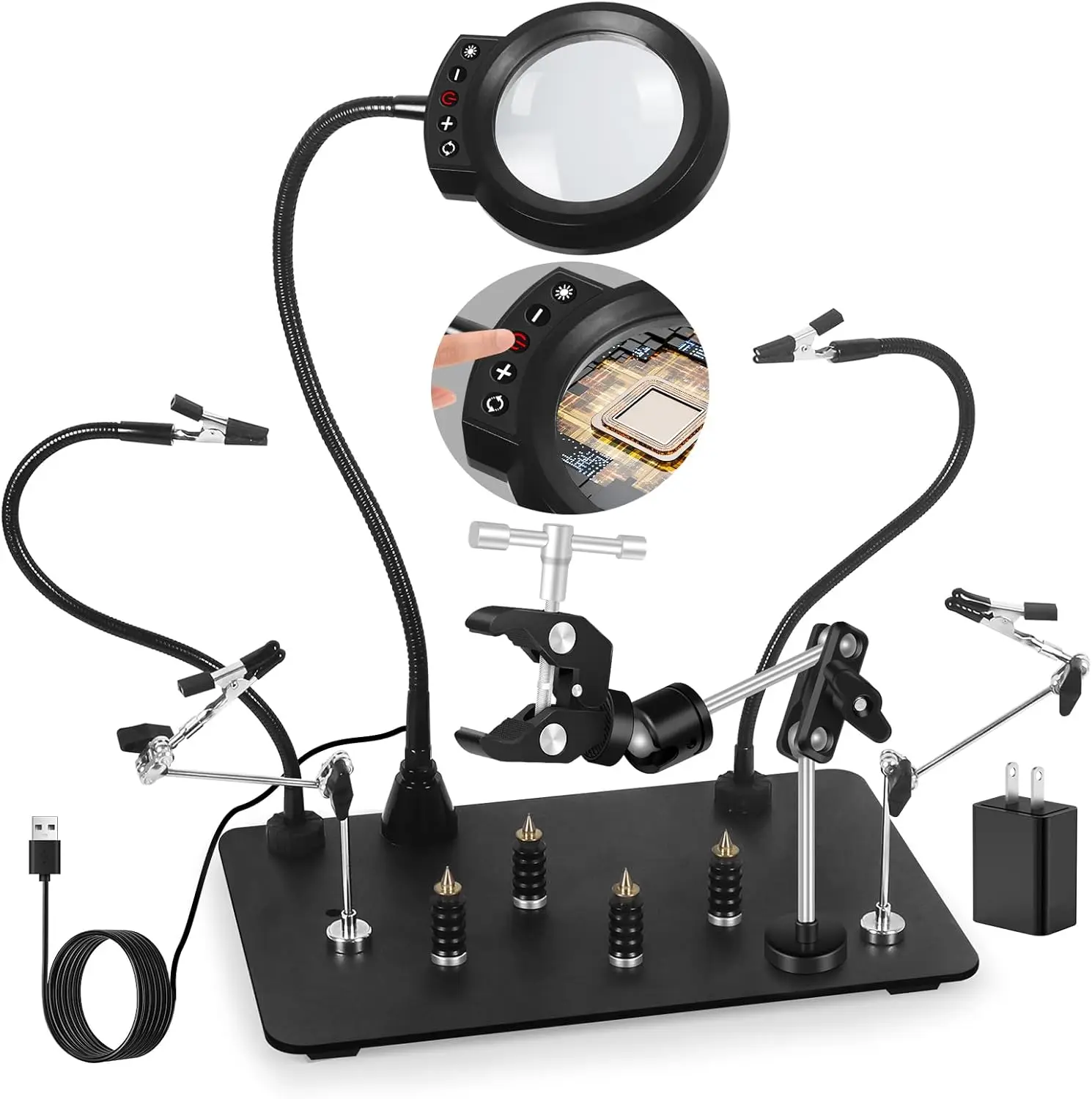 

Helping Hands Soldering Station with 5X Magnifier, 360° Clamp, 4 PCB Holders, Extra-Large Base, 4 Flexible Arms – Hands-Free Sol