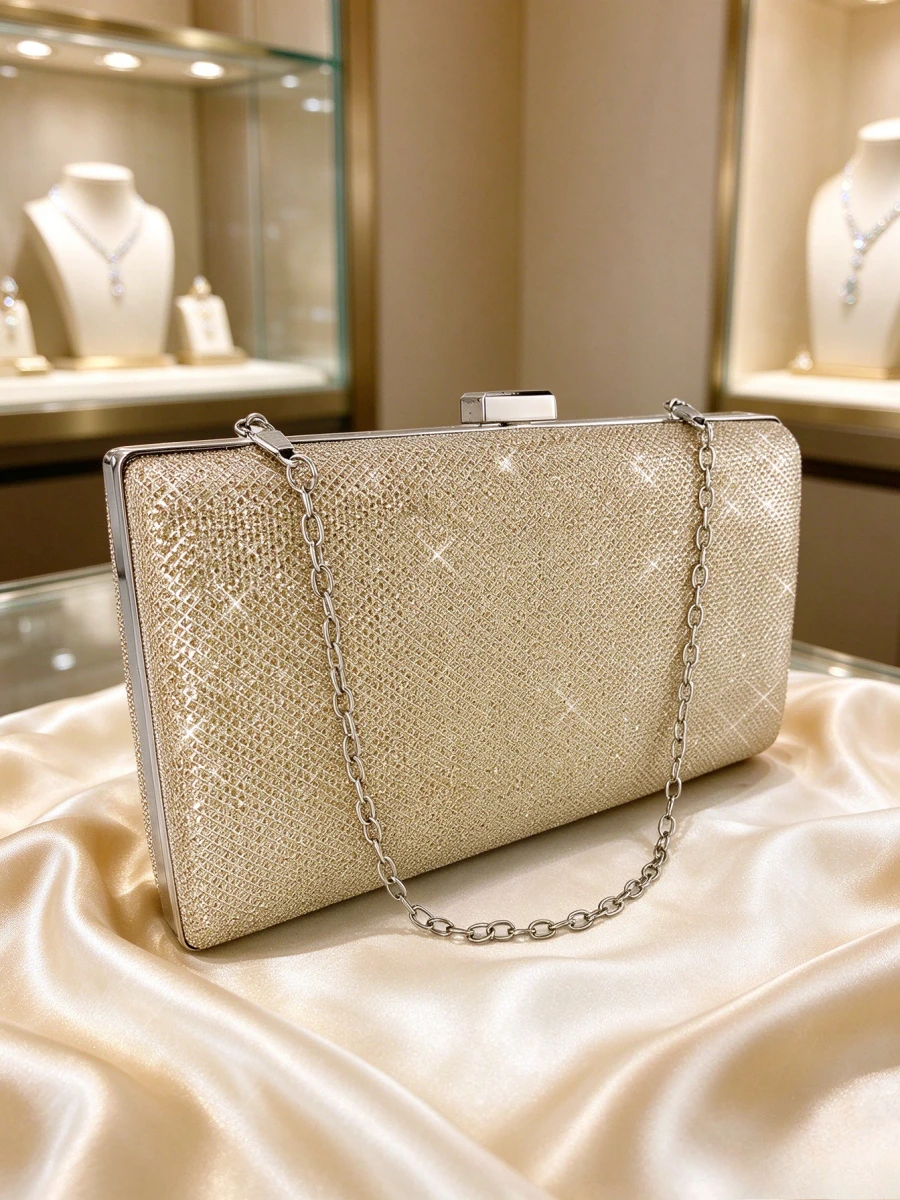 Bolso de mano rígido con purpurina color champán y cadena desmontable, elegante bolso de noche para bodas, fiestas y eventos formales.