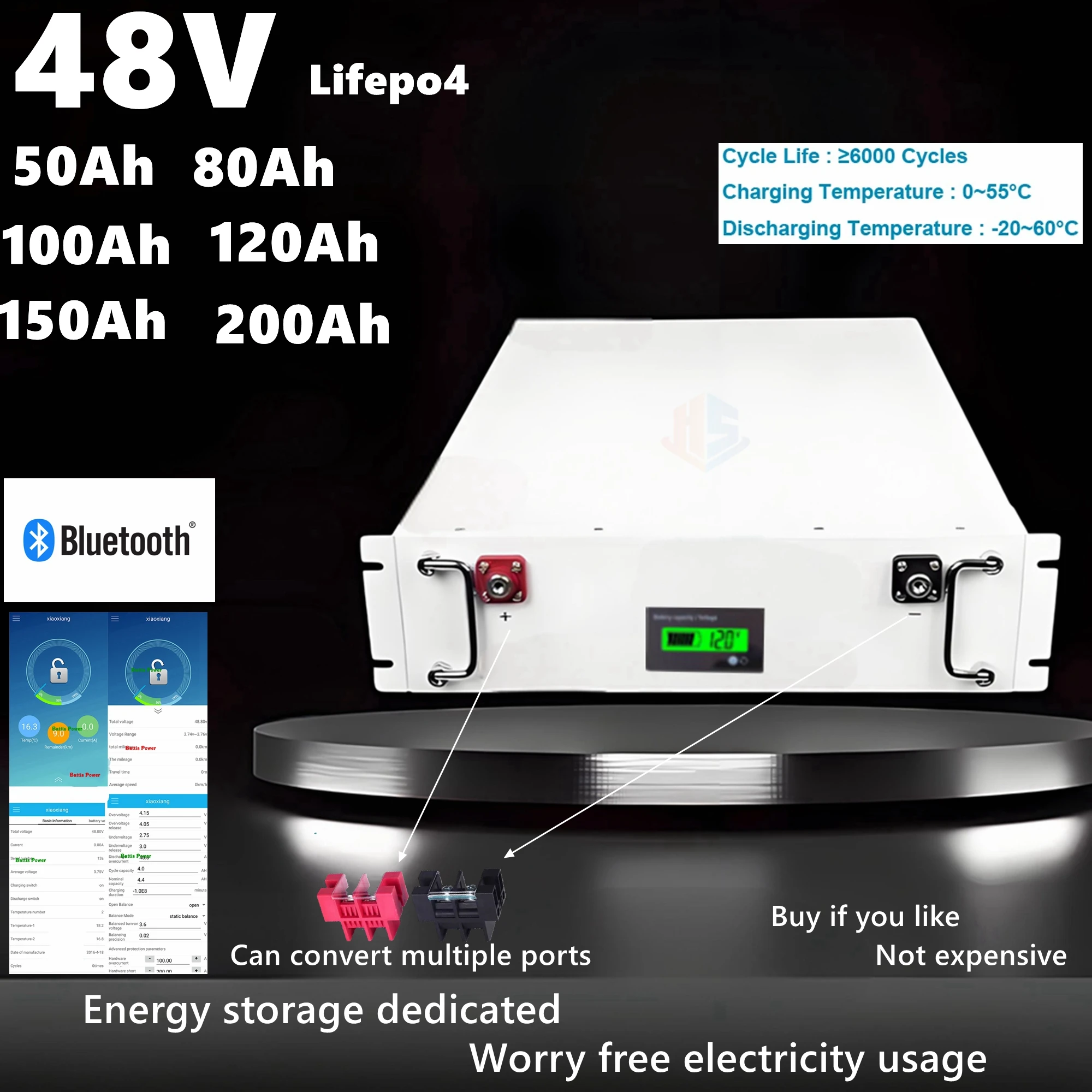 HS 48V 50Ah 80Ah 100AH 120Ah 150Ah 200Ah Lifepo4 battery lifepo bluetooth for solar system hybrid inverter 2000W 5000W 10KW