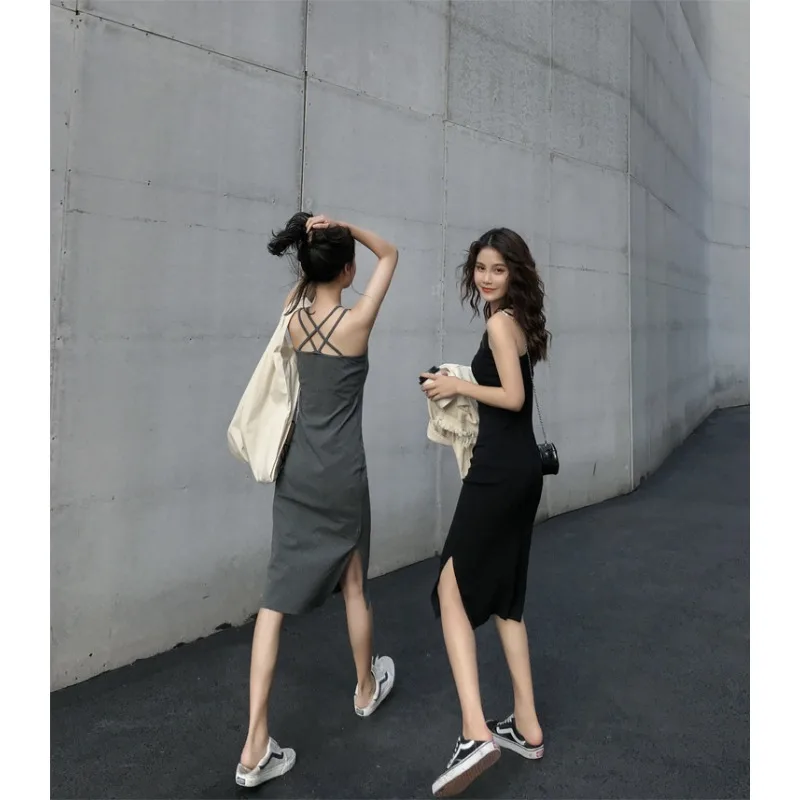 Sexy Split Long Backless Camisole Dress Solid Summer New American Y2K Streetwear Dress Fashion All-match Vintage Skirt Women