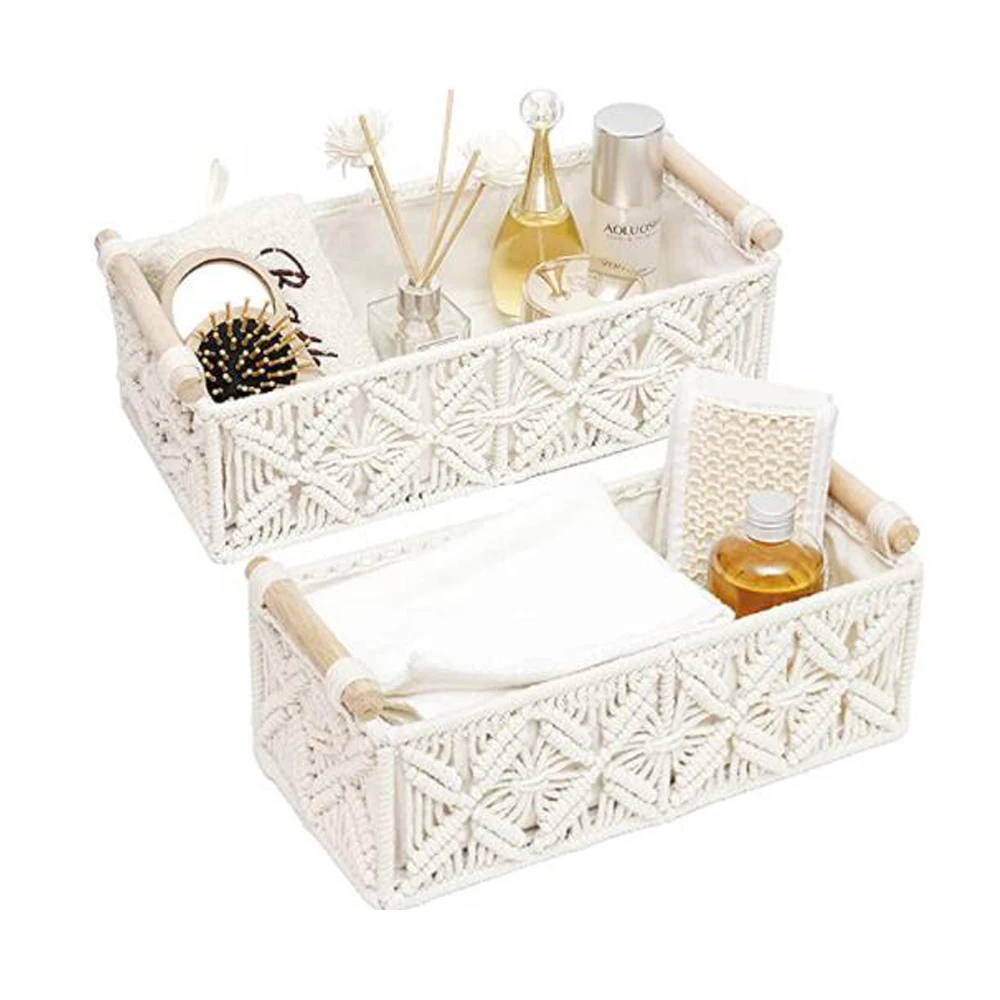 Macrame Storage Basket Boho Decor Baskets for Organizing Countertop Toilet Paper Shelf Basket with Handle for Bathroom Bedroom