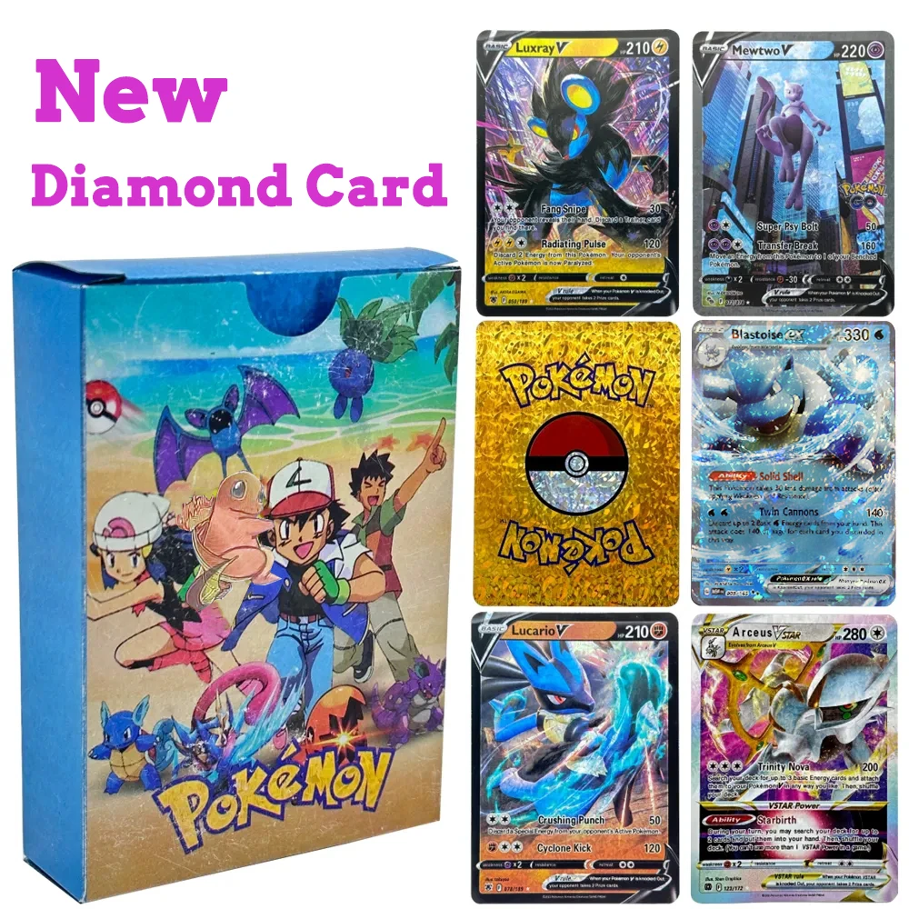 New 27-55pcs Pokemon Cards Diamond 3D Colorful Cosplay Gold Vmax GX Charizard Pikachu Rare Battle Collection Card Kids Toy Gifts