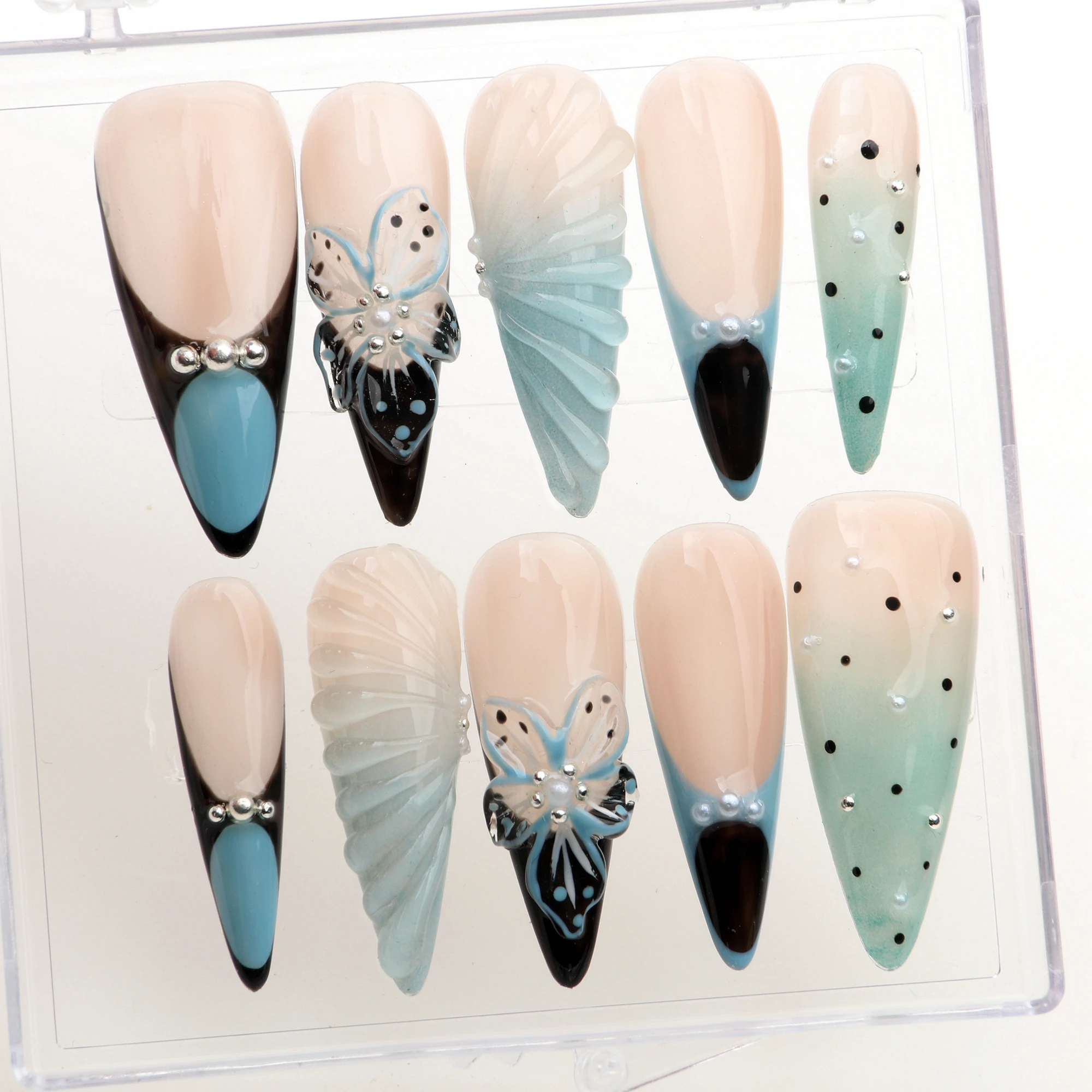 10Pcs 3D Gel With Blue French Tip Long Stiletto Press On Nail Flower Nails,hand painted nail,Nails for Birthday Vacation Holiday