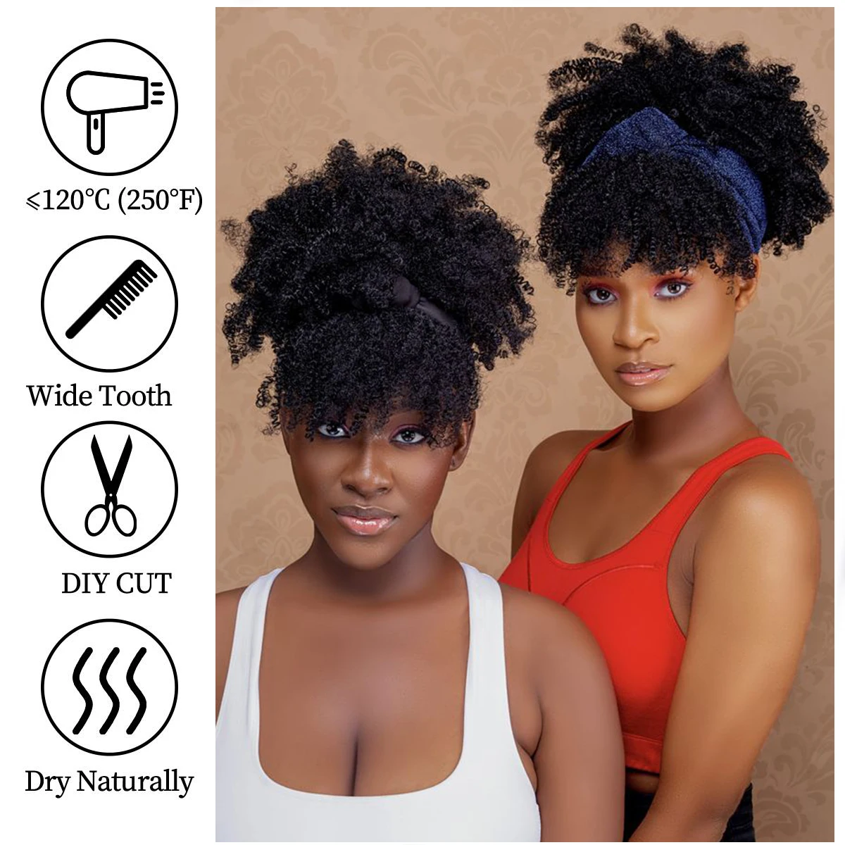 Wig keriting Afro sintetis bando Wig keriting Puff pendek dengan syal Wig ikat kepala keriting ikal hitam untuk wanita penggunaan sehari-hari Cosplay