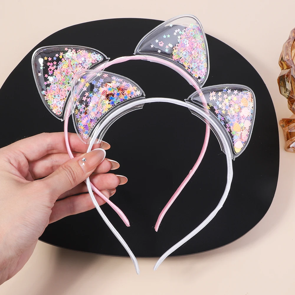 Transparent Quicksand Hair Band For Kids Girls Glitter Heart Sequin Cartoon Ear Headbands Hair Hoops Headwear Hair Accessories