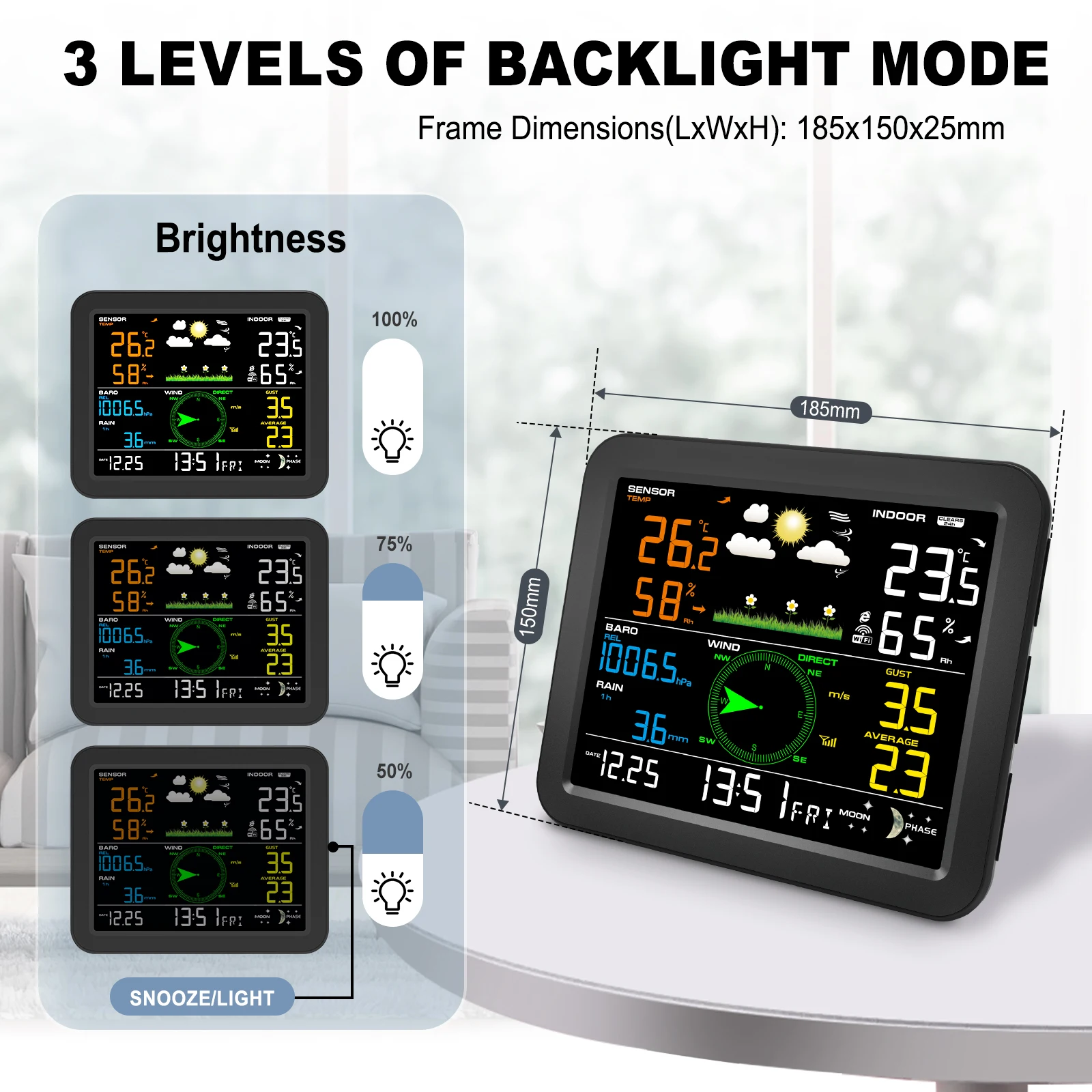 محطة الطقس اللاسلكية 7 في 1 شاشة ملونة عالية الدقة مقياس حرارة داخلي/خارجي مقياس الرطوبة مقياس الرياح والمطر للمنزل