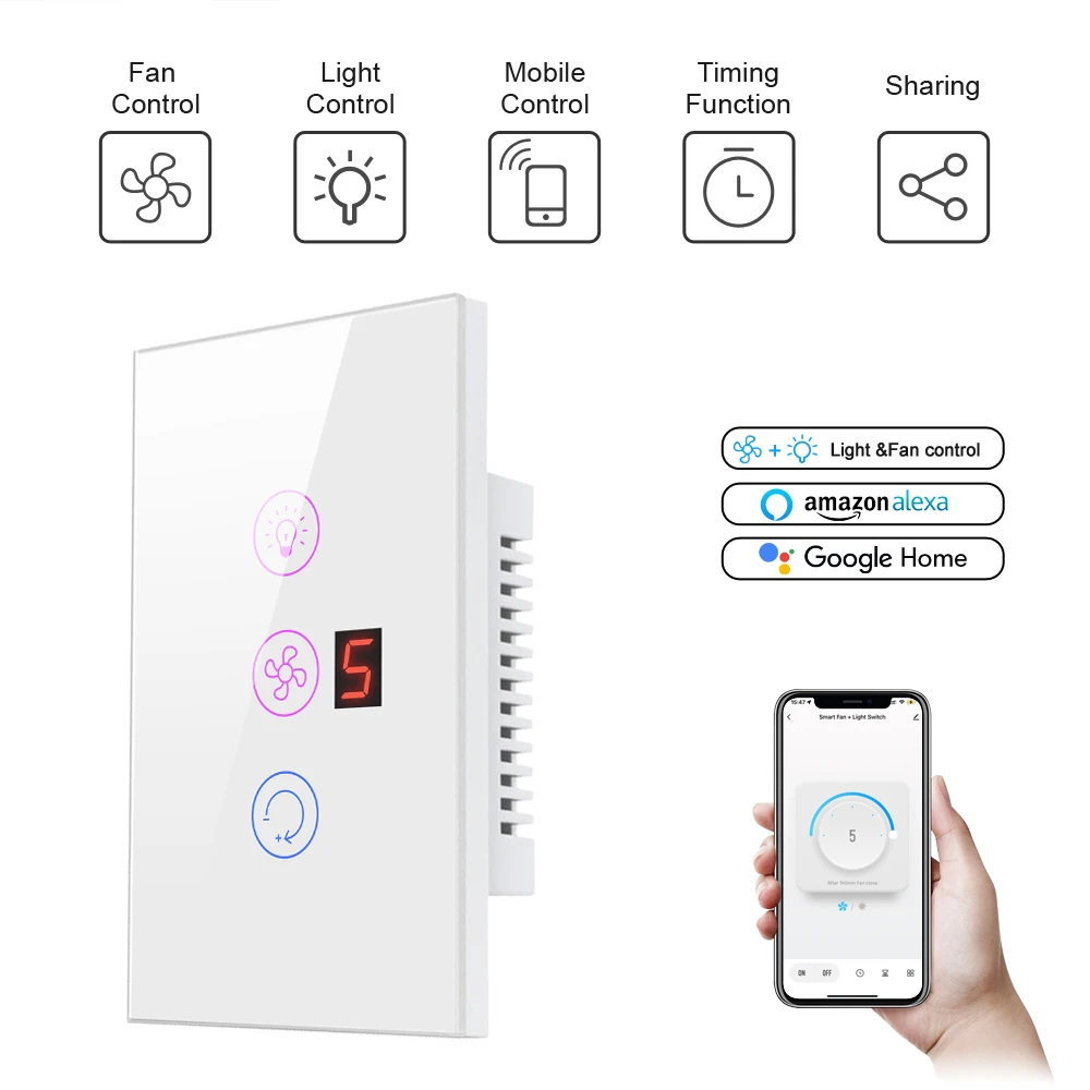 AVATTO EU/US Tuya Smart WIFI Fan Light Switch, interruttore della lampada del ventilatore da soffitto telecomando vari controlli di velocità