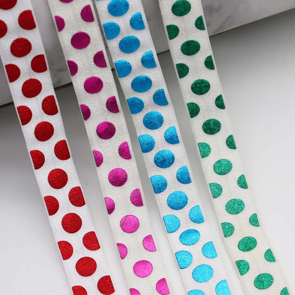 

15mm Laser Rainbow Hologram Foil Big Polka Dots Printed FOE Fold Over Elastic Ribbon For Sewing Trim DIY Garment Accessories