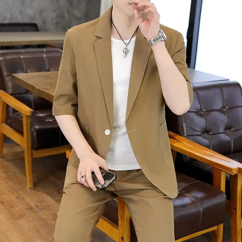 

7843-T - Short-sleeved Customized suit men's summer new lapel cotton loose five-point sleeve half-sleeved Customized suit