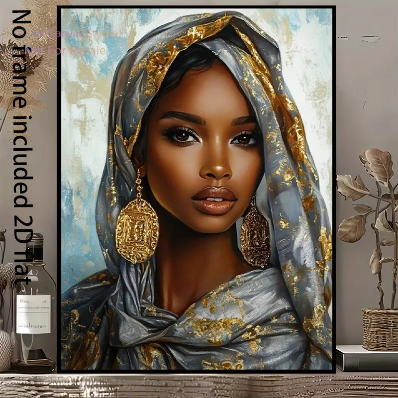 2D Flat, 2D Flat, A Decorative Canvas Painting Featuring an Elegant Woman with a Golden Headscarf And Stunning Earrings, Show