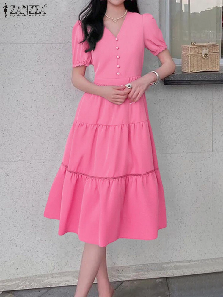 Zanzea 2025 verão manga curta puff em camadas vestidos elegante moda rendas retalhos com decote em v midi vestidos mulher a linha robes femme
