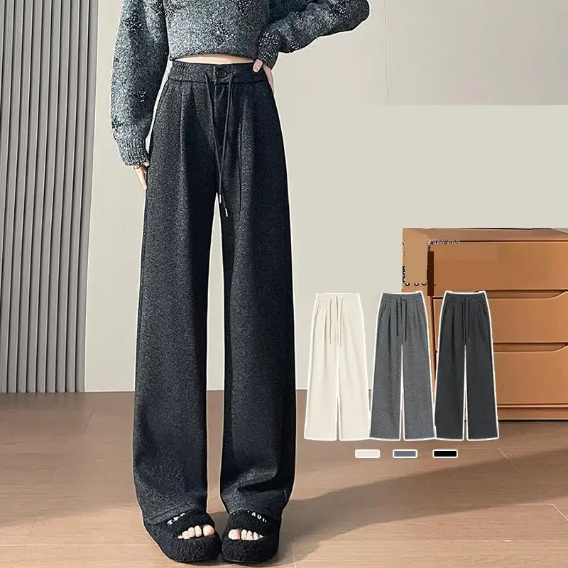 

Женские осенне-зимние удобные широкие брюки, женские повседневные свободные прямые брюки полной длины с завязками на талии