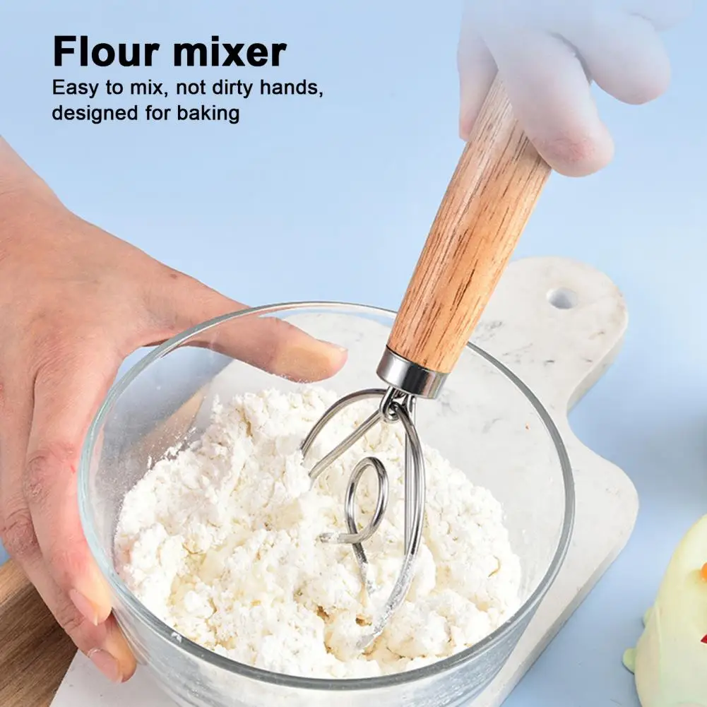 Wooden Handle Bread Mixer Stainless Steel Dough Whisk Set with Wooden Handles for Home Kitchen Bread Making Dutch for Sourdough