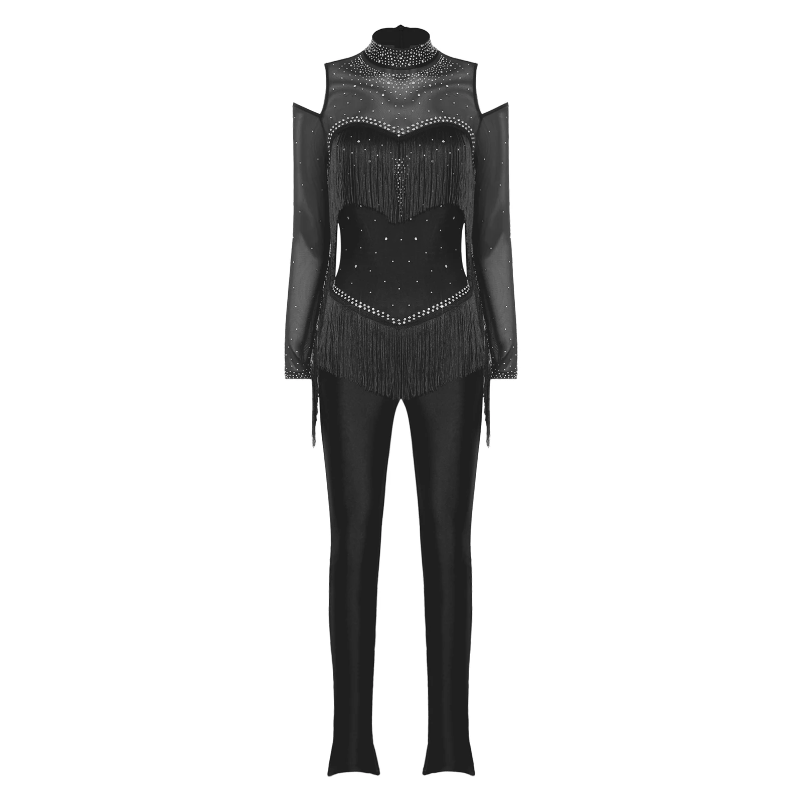

Women Tassel Figure Skating Jumpsuit Long Sleeve Rhinestone Mesh Bodysuit for Ballet Gymnastics Acrobatics Latin Dance Cha-cha