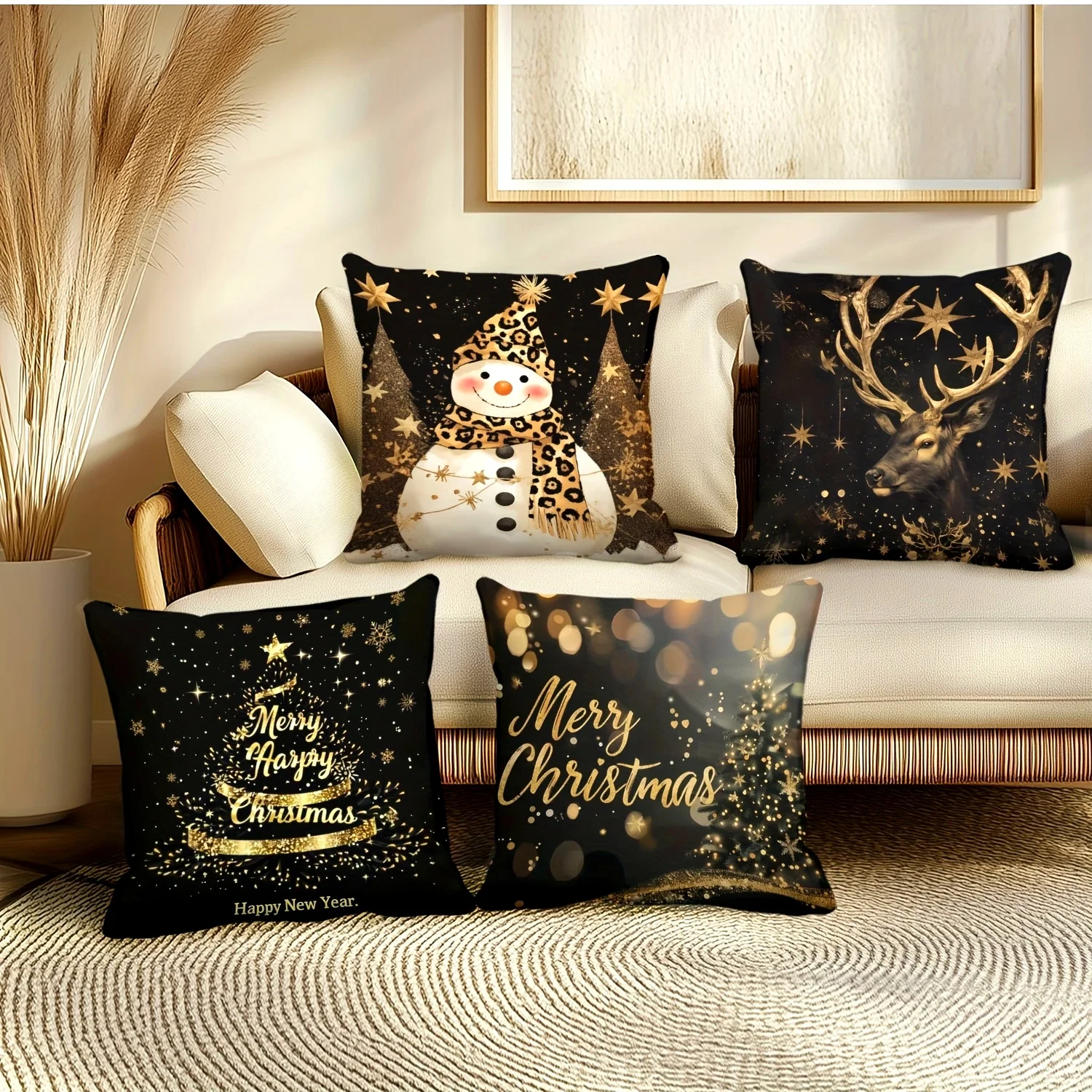 4pcs Luxury Christmas Pillow Covers, Black Gold Snowman Reindeer Print, Vintage Plaid Design for Sofa Festive Decor