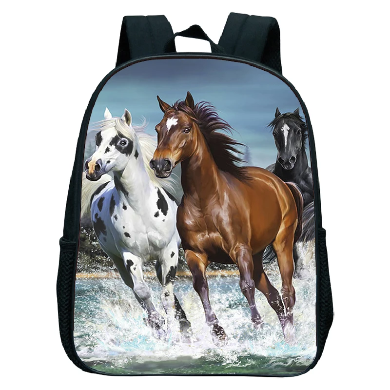 Kids Nylon Backpack with Running Horses Print Waterproof School Bag for Boys Girl Hight Quality Write Horse Kindergarten Bookbag