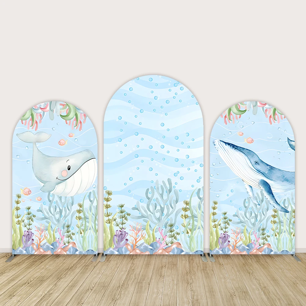 

Corals Whales Underwater World Custom Arch Walls Backdrop for Boy Birthday Party Decoration Cover Doubleside Prints