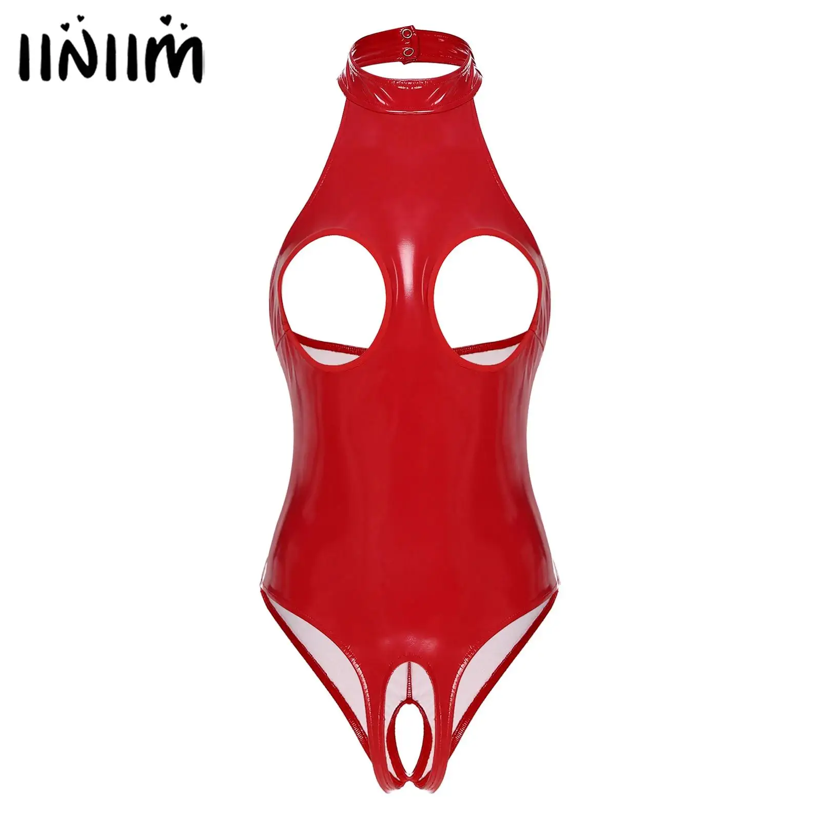 Womens Lingerie Open Breasts Bra Latex Bodysuit Shiny Patent Leather Hollow Out Leotards Backless Bodysuit High Cut Nightwear