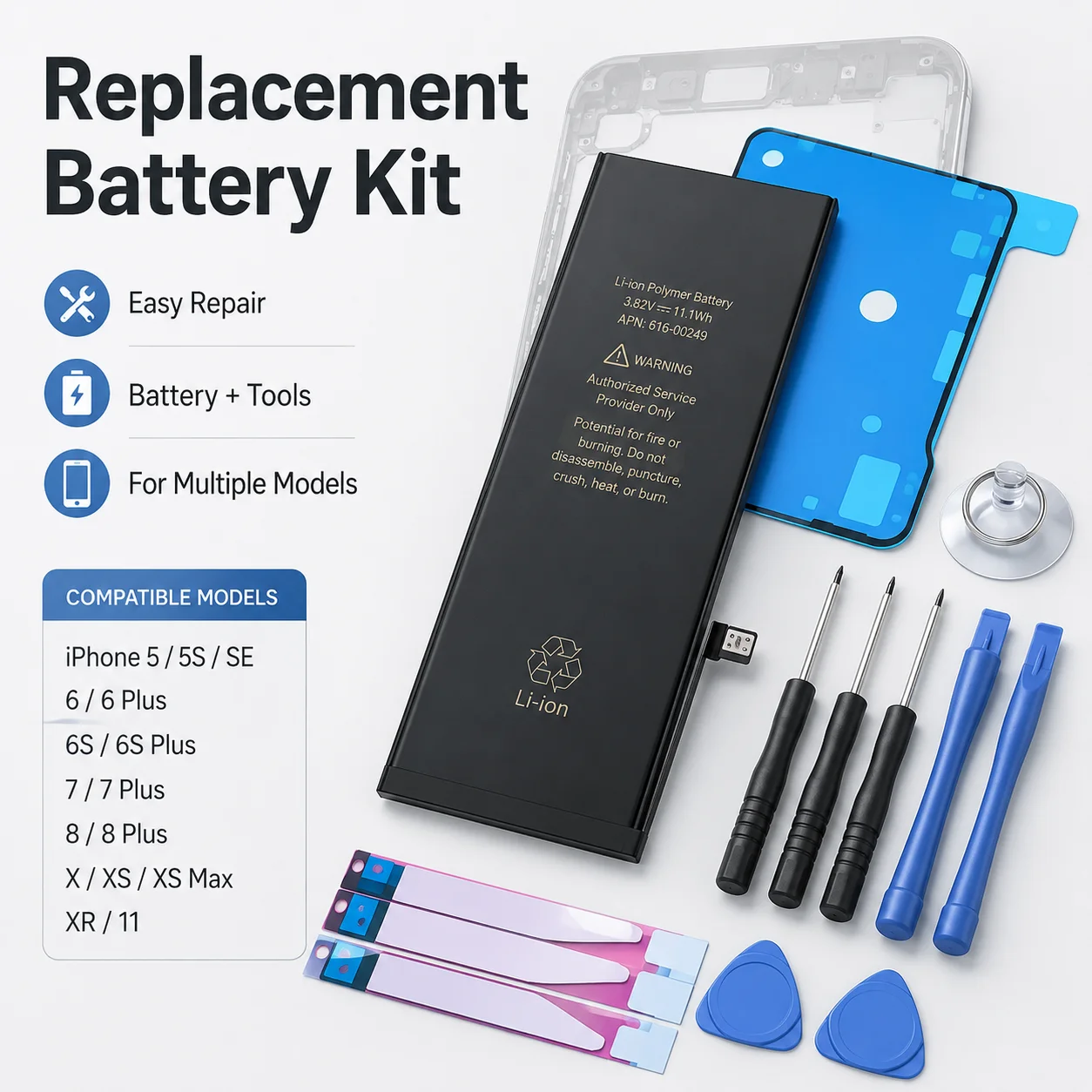 1PC Replacement Phone Battery for iPhone 6S 7 8 Plus X XR XS Max 11 12 Pro 13 14  with Basic Repair Tool Parts Set Kit