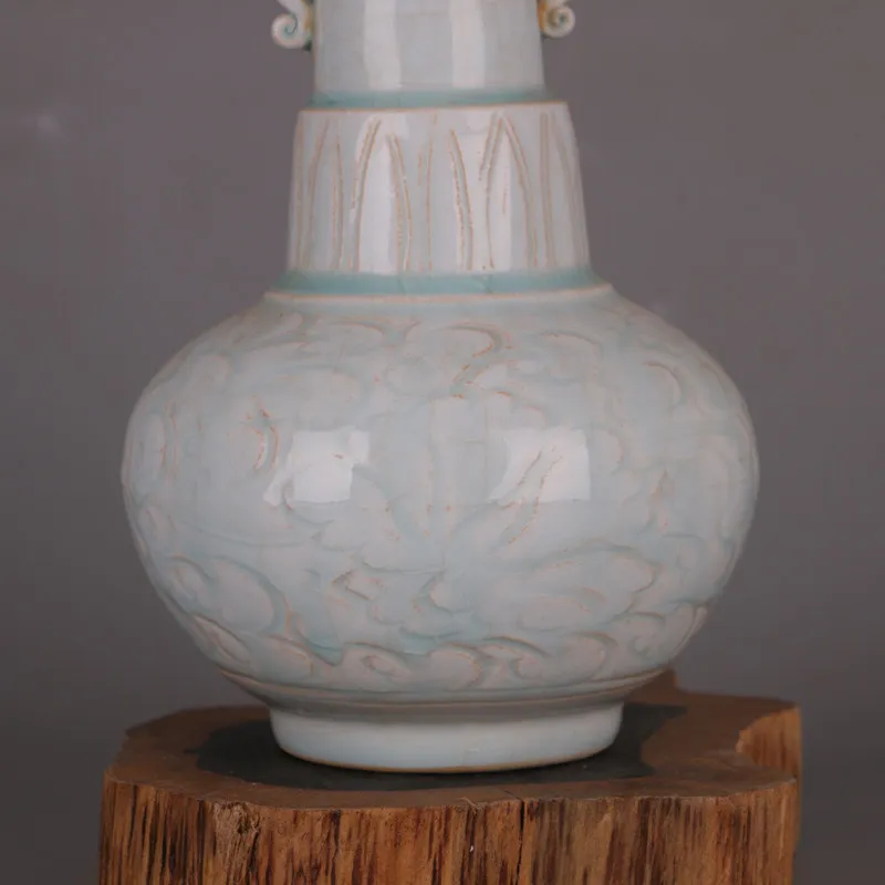 Song Dynasty Hutian Kiln Qingbai Carved Double Ear Funnel Vase Antique Replica Home Decor