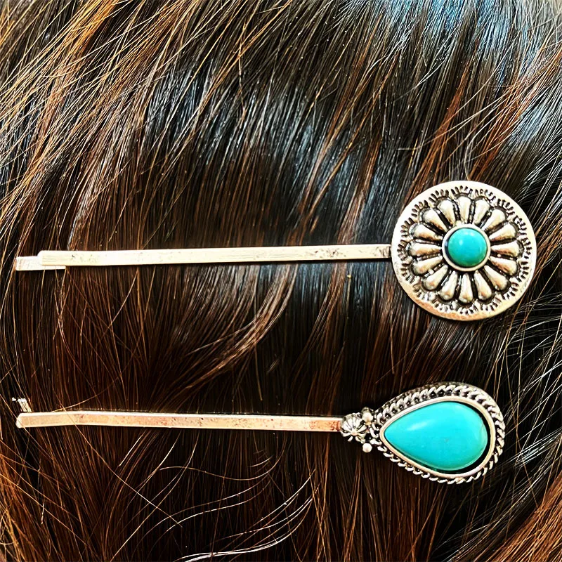 Hairpin Retro Turquoise Fork Stick Alloy Flower Women Headdress Womens Accessories Flower Clips Bobby Pin Silver Barrette