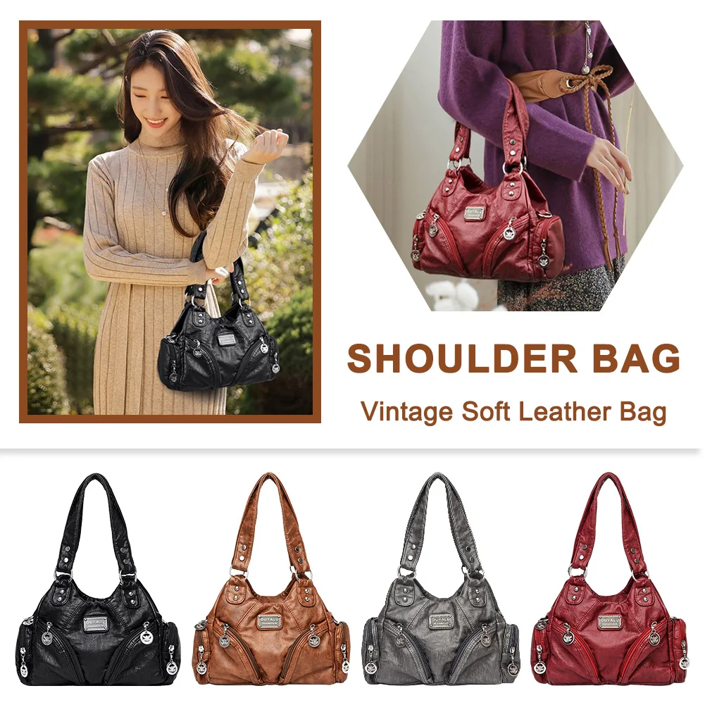 

Women Retro Rivet Shoulder Bag Multiple Pockets Metal Stud Handbag Detachable Strap Leather Tote Bag Female Travel Handbag