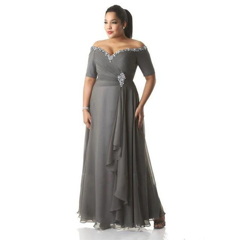 

Mother Of The Bride Dresses Off the Shoulder Gray Chiffon Draped Half Sleeves Beaded V Neck Plus SizeWeddings Party Guest Gowns