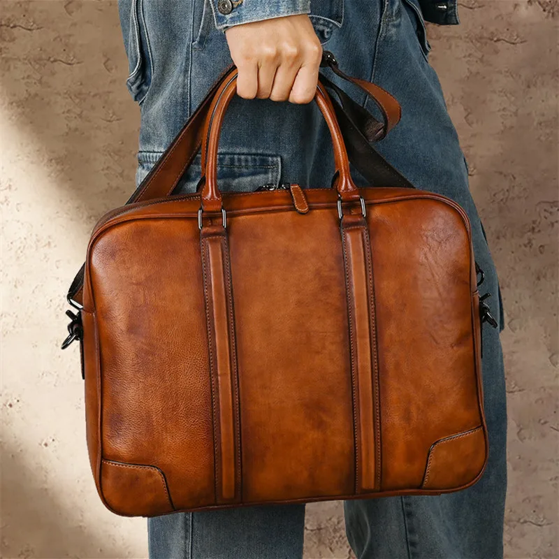 Nesitu Vintage Brown A4 Genuine Leather 14'' Laptop Executive Office Men Briefcase Portfolio Business Messenger Bag M005
