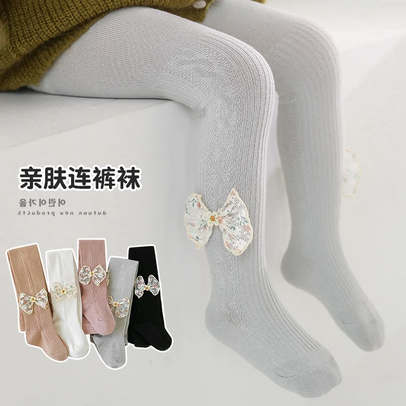 Cute Girls Cable Stripe Leggings With Vintage Pastoral Tiny Floral And Bow Decor Soft Elastic Breathable Skin-Friendly Pantyhose