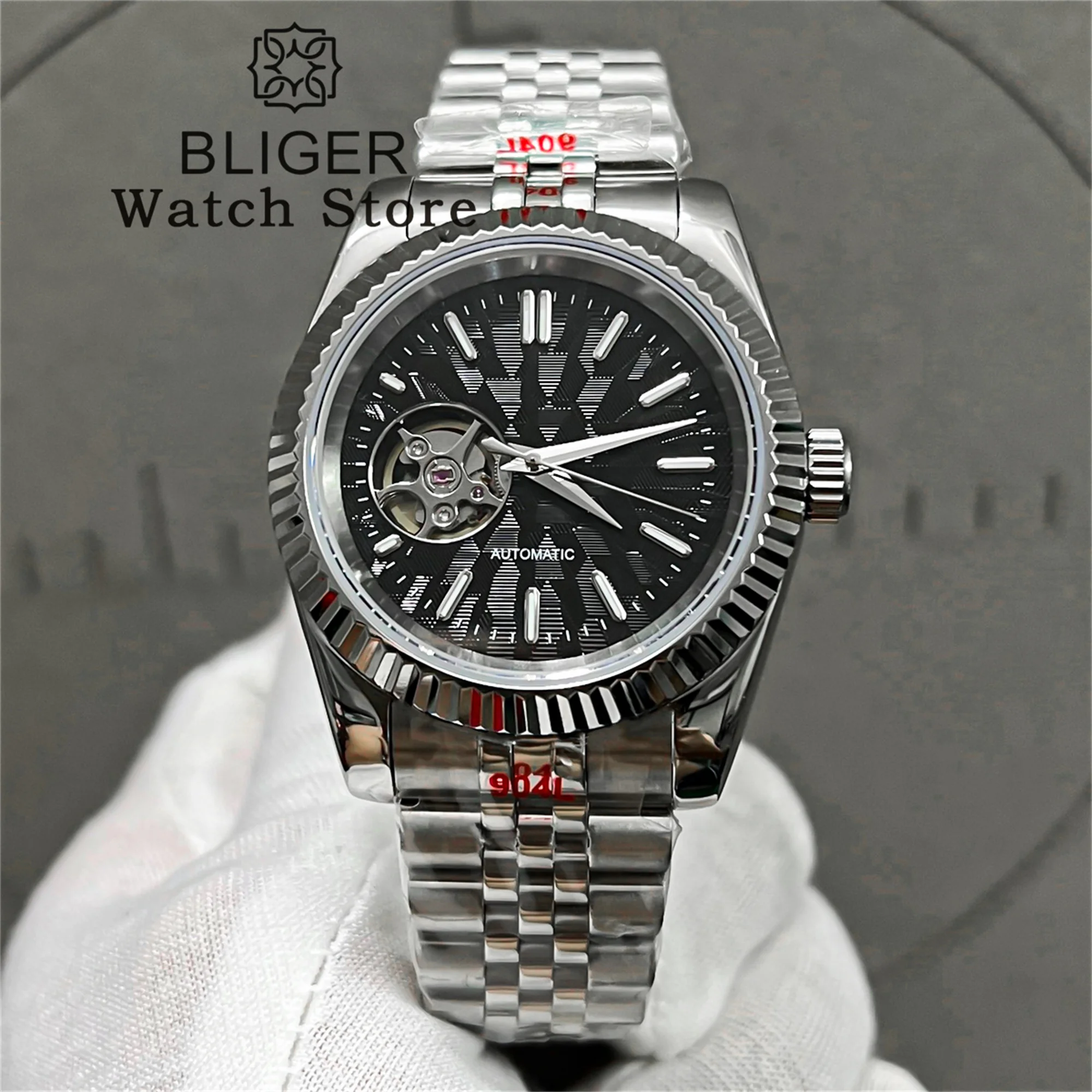 BLIGER 36mm 39mm Fluted Bezel NH38 Automatic Watch for Men Black White Green Blue Hollow Dial Luminous Index 904L Bracelet Clock