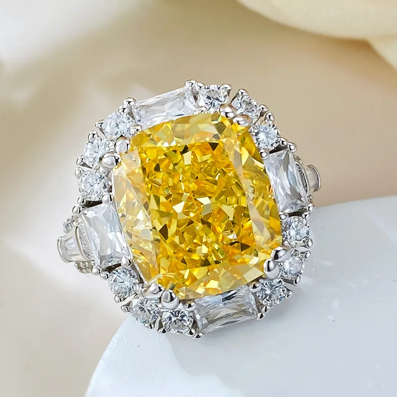 S925 Silver Ring Diamond 12 * 14 Wedding Ring High Carbon Diamond Ice Flower Cut Yellow Diamond Ring