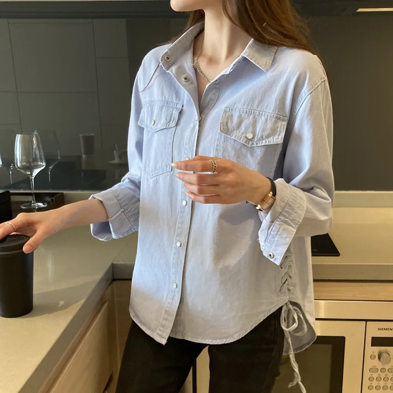 #3122 Light Blue Asymmetrical Denim Shirt Women Long Sleeve Vintage Office Jeans Shirts Side Bandage Womens Tops And Blouses