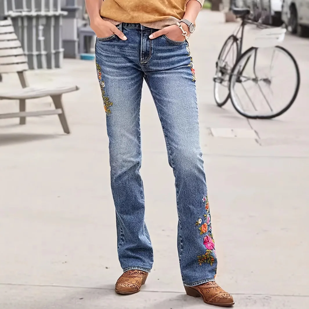 2026 Spring Summer Women's Embroidered Denim Jeans Pants Trousers Low Waist Stretch Skinny Bottoms Outfit Clothing