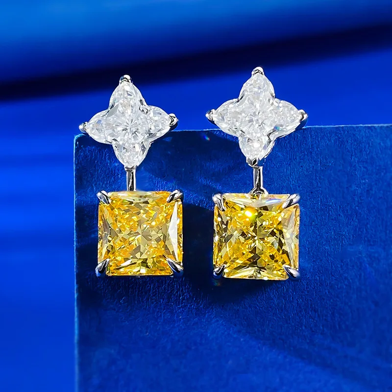 S925 sterling silver new imported high carbon diamond yellow diamond 10 * 10 square geometric inlaid earrings temperament style