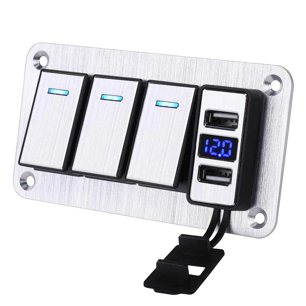 4 عصابة الألومنيوم لوحة التبديل الروك مع 4.8 أمبير شاحن USB مزدوج تيار مستمر الروك التبديل للسيارات قوارب RVs الفضة