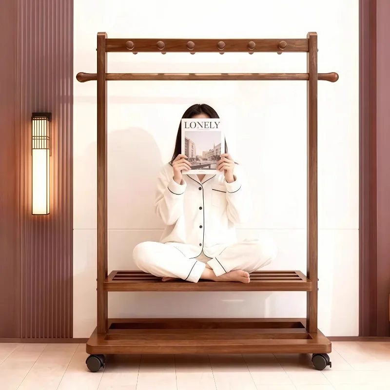 

Firm All solid wood mobile coat rack household bedroom floor hanger room hanger simple clothes rack