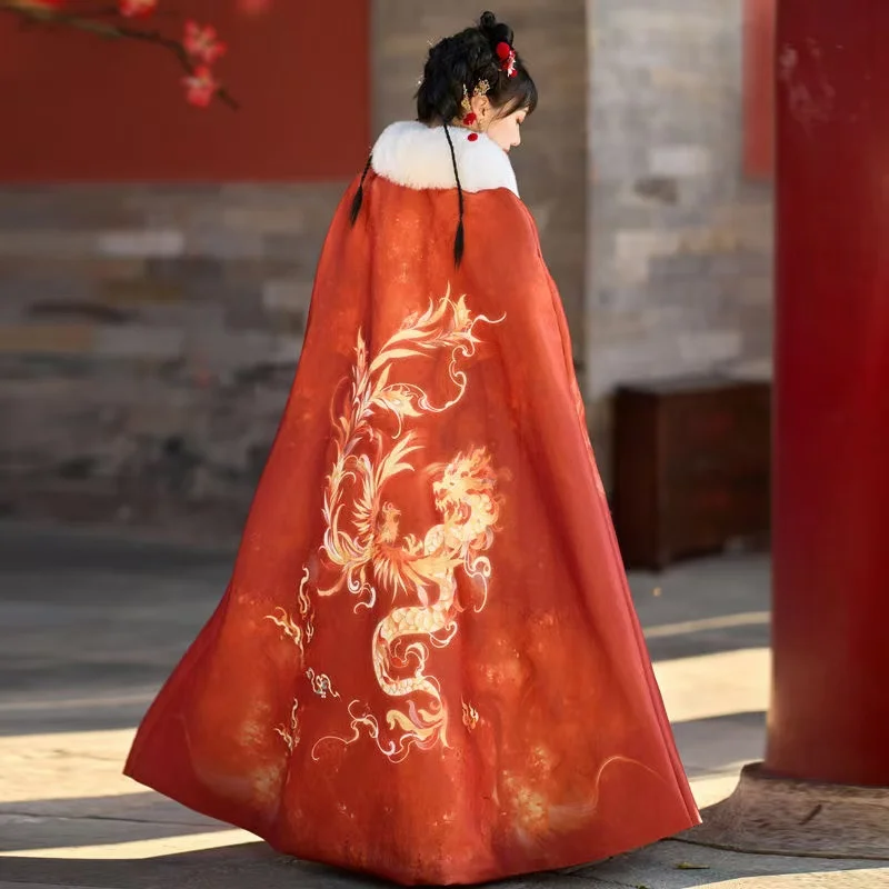 Festive Dragon Phoenix Hanfu Cloak Men Women Winter Traditional Thicken Outer Robe Lucky Red Wedding Xmas Bride Groom Long Cape