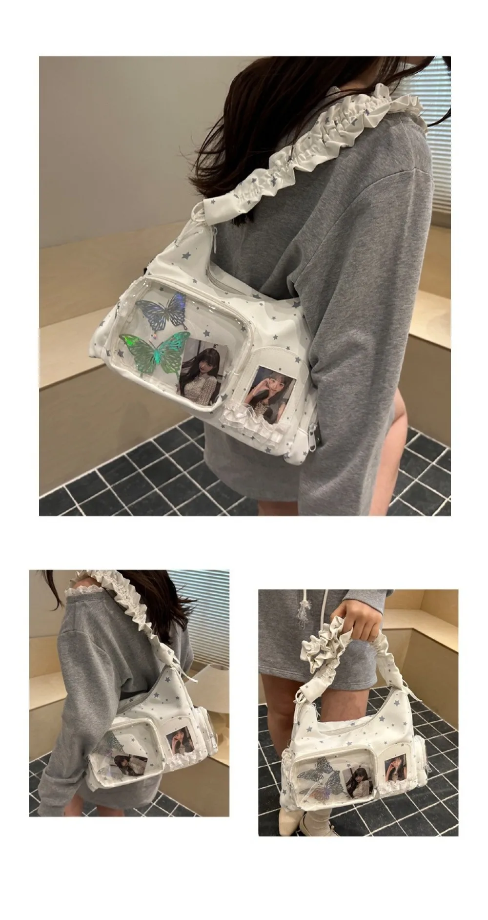 Y2K Rüschen-Stern-Itabag mit doppeltem Klarsichtfenster, Schultertasche, Kpop-Fotokarten-Hobo-Handtasche – Detail 5