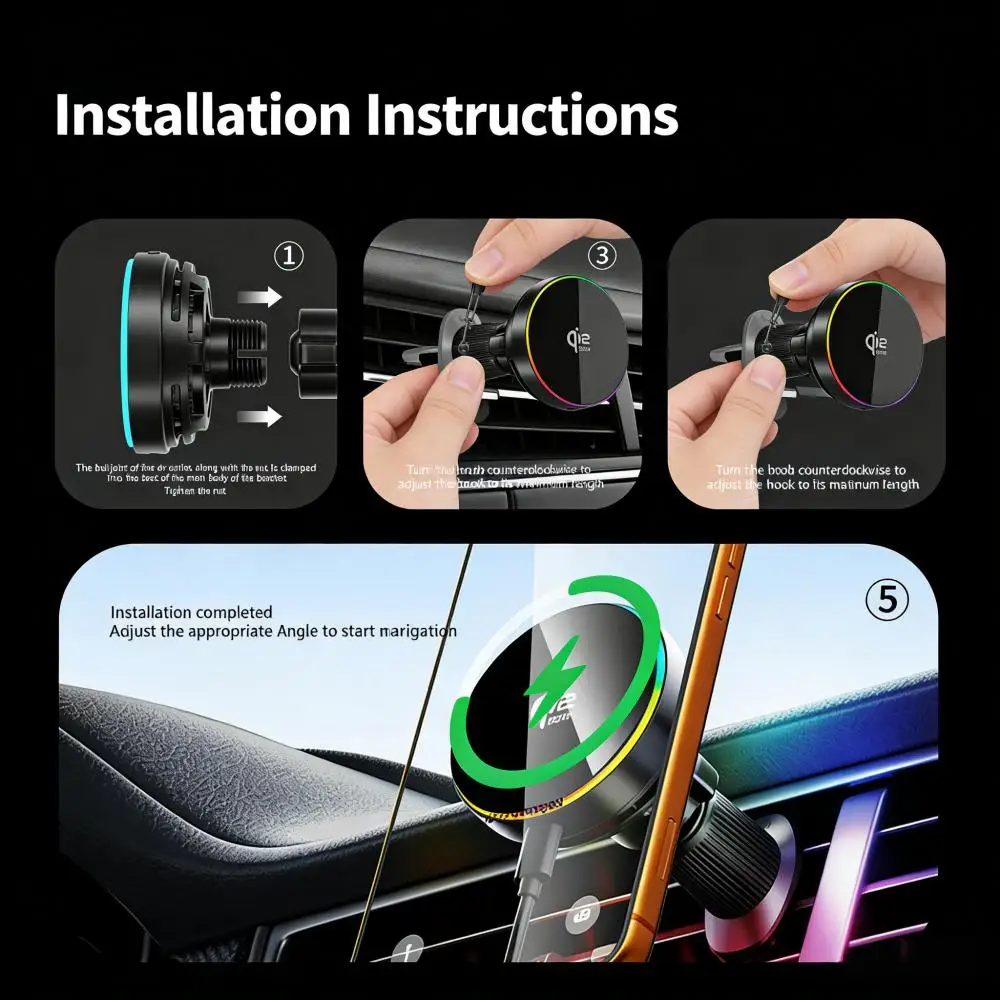 Magnetisches 25W Kabelloses Auto-Ladegerät Lüftungshalterung mit RGB-Ambientebeleuchtung für iPhone 17 16 Pro Max 15 14 13 – Detail 10