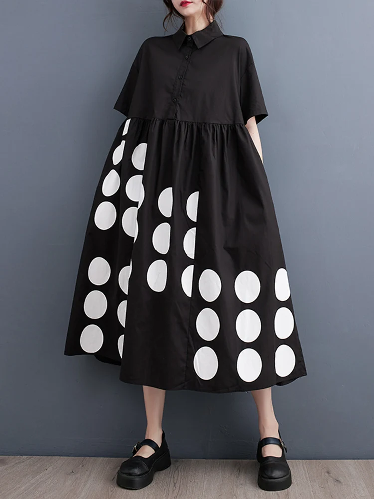 Black Vintage Polka Dot Shirt Dresses For Women Summer New In Short Sleeve Loose Casual Long Dress Fashion Elegant Clothes 2024