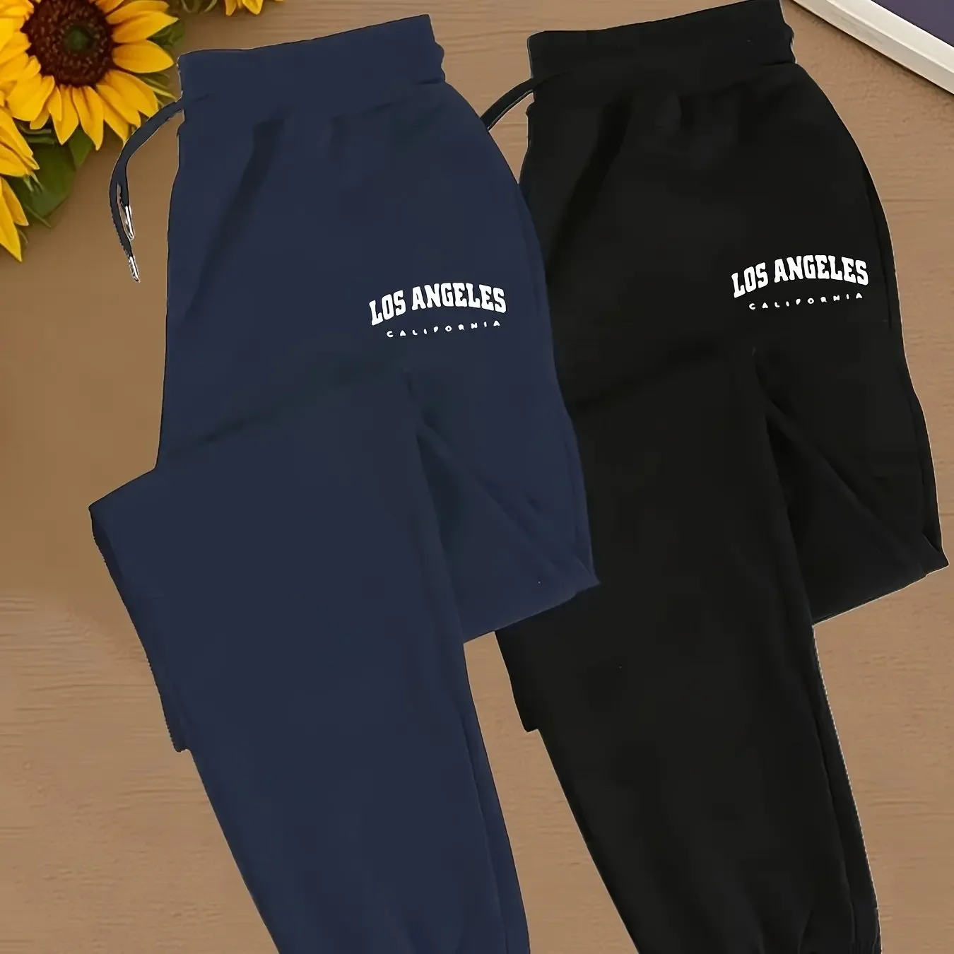 2 pairs of autumn and winter casual sports sweatpants for men and women, LOS ANGELES letter print with pocket drawstring
