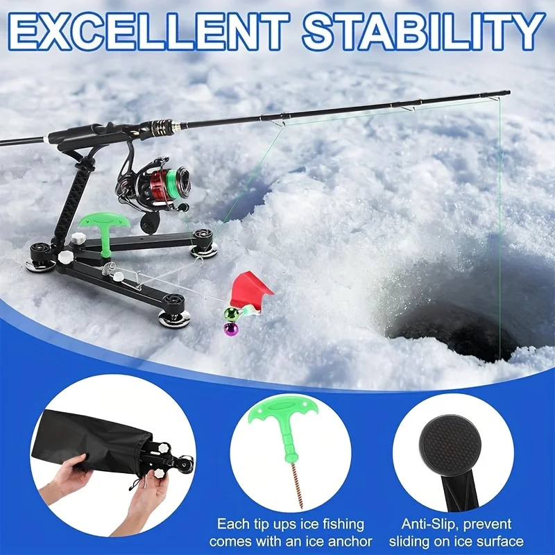 1個入り折りたたみ式アイスフィッシングロッドホルダー（ベル＆フラッグ付き）-調整可能なアイスオーガー対応ブラケット、ポータブル冬釣り用