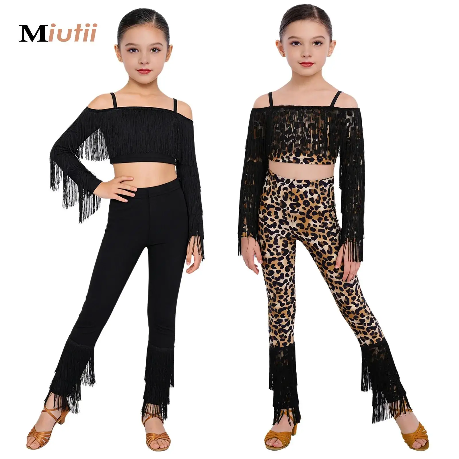 

Kids Girls Tassels Leopard Latin Dance Suit Fringe Ballroom Fringed Samba Performance Costume Adjustable Straps Crop Top+Pants