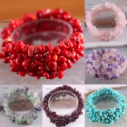 Bangle Weave Chip Bead Wrap White Opal Red Coral Pulseras Pink Quartz Crystal Stretch Strand Bracelet For Women