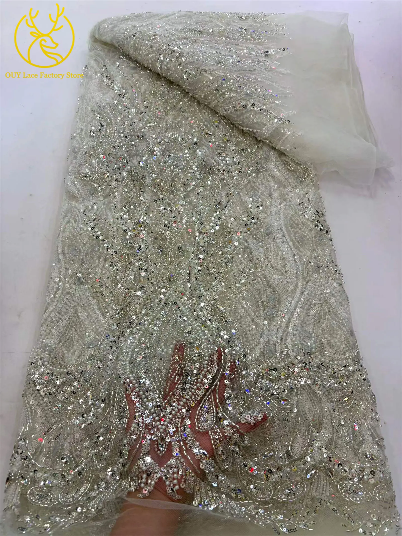 Luxuriöser Brautkleid-Spitzenstoff mit Perlen und Strass 2026 – Deluxe Afrikanische Nigerianische Pailletten-Stein-Mesh-Spitze für Damen-Partykleider zum Nähen – Detail 9