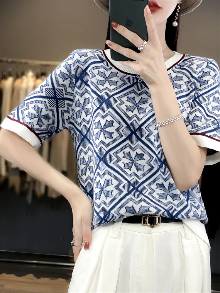 Women's Jacquard Knitted T-shirt Summer 100% Cotton Short Sleeve Tees O Neck Pullover Tops Korean Loose Casual Tshirt Femme 2024