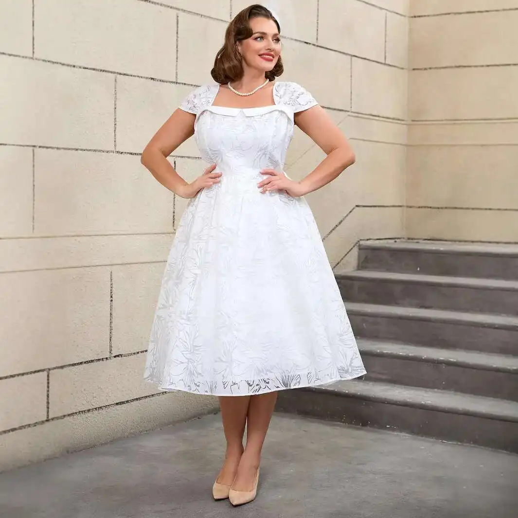

Size Plus Wedding Dress Jacquard Little White Dress Square Neck High Waist A-line Elegant Dress Wedding Dresses Casual Y2k