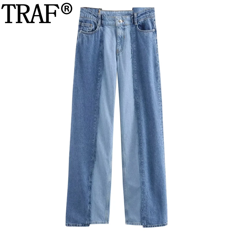 

TRAF Patchwork Denim Pants For Women High Waist Pants Woman Fashion Summer Straight Leg Trousers Streetwear Casual Jeans Pants